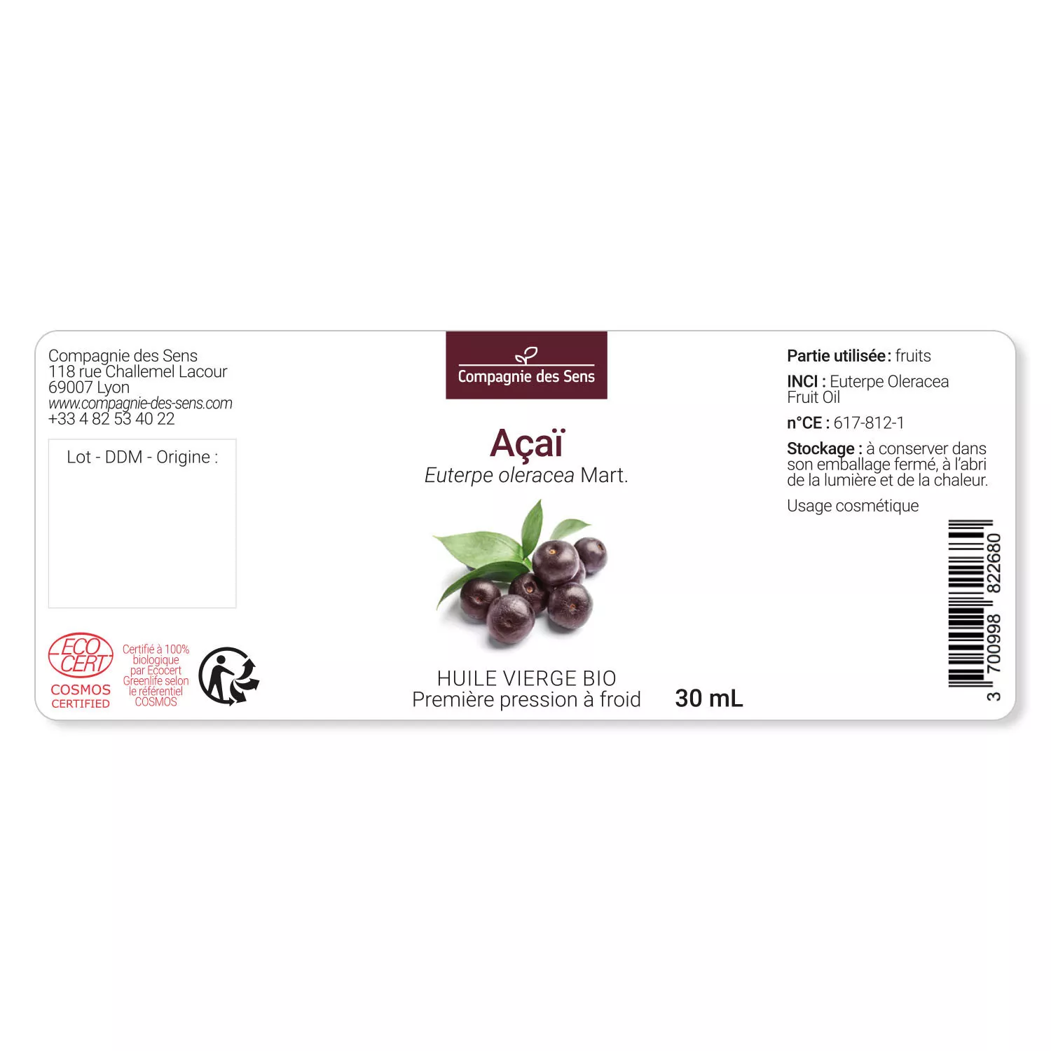 Açaï - Huile Végétale Vierge BIO - Flacon en verre