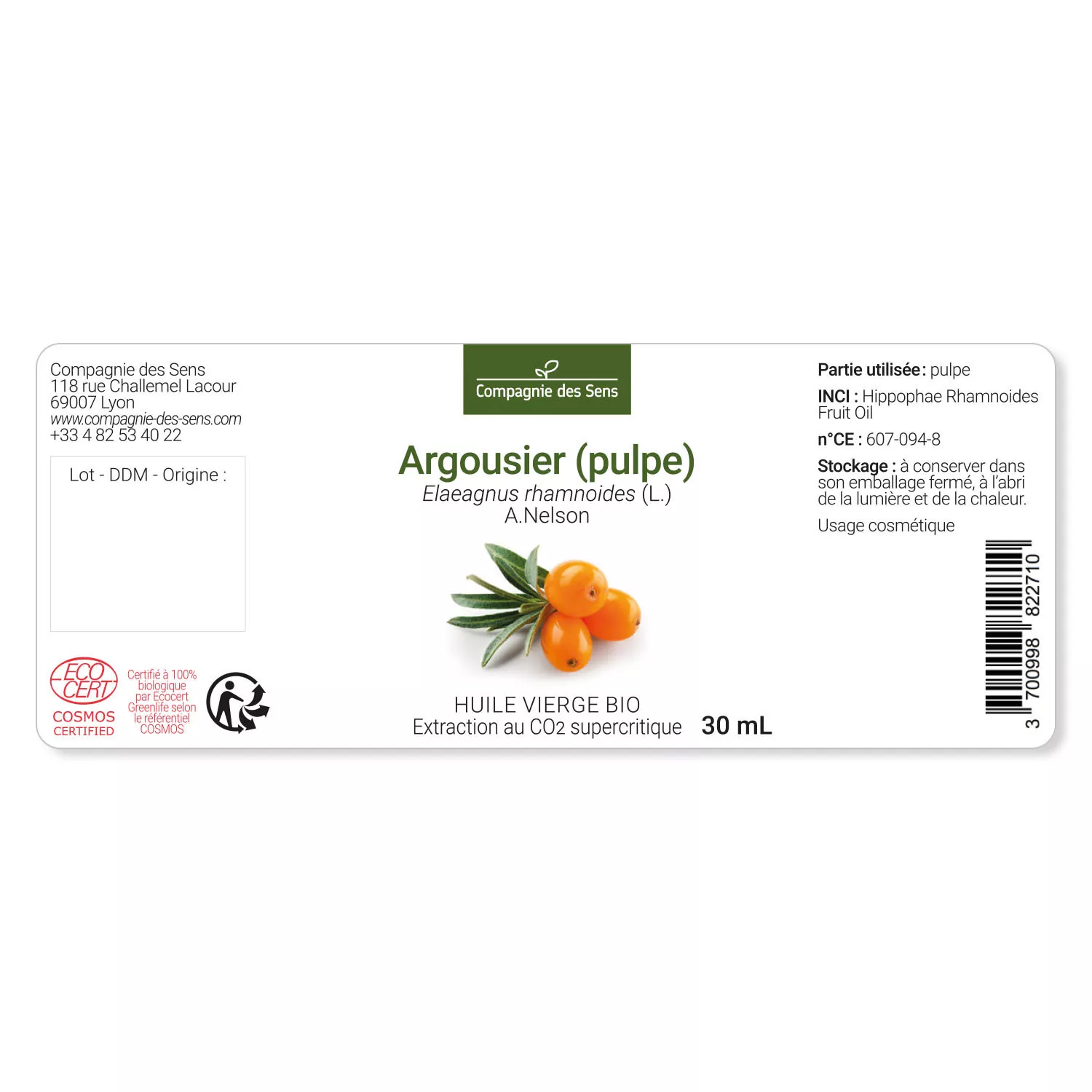 Argousier (pulpe) - Huile Végétale Vierge BIO - Flacon en verre
