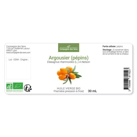 Argousier (pépins) - Huile Végétale Vierge BIO - Flacon en verre