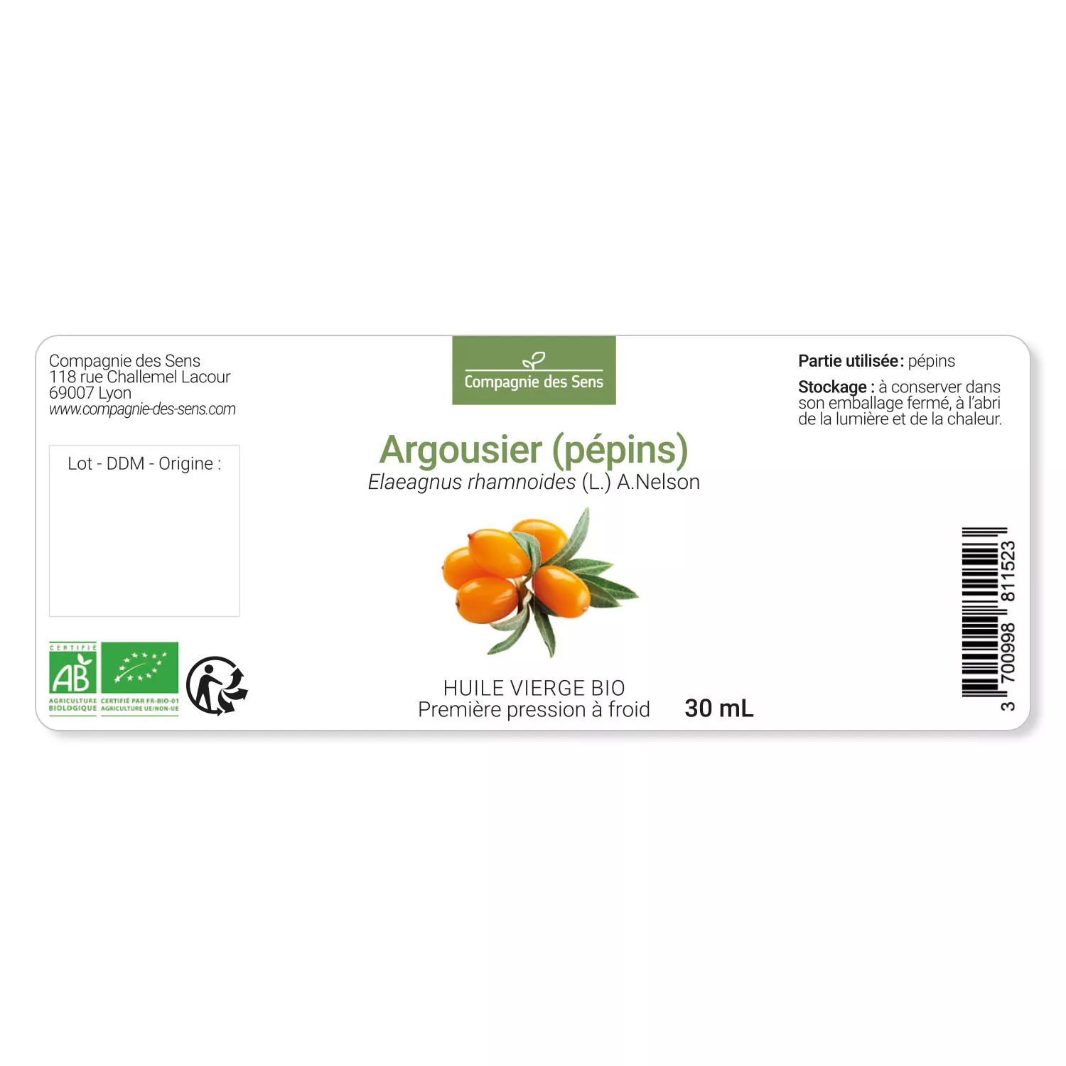 Argousier (pépins) - Huile Végétale Vierge BIO - Flacon en verre