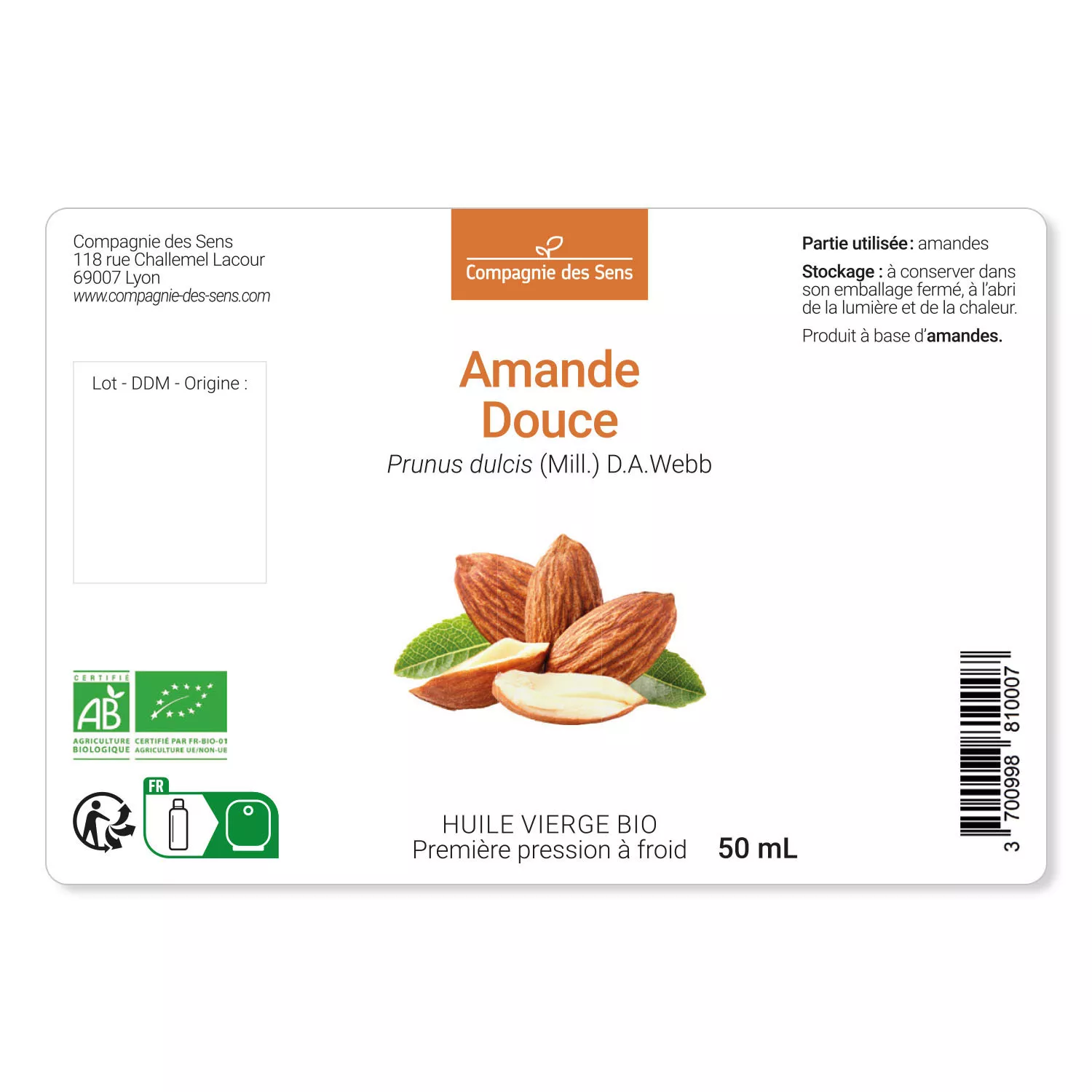 Amande Douce - Huile Végétale Vierge BIO - Flacon en verre