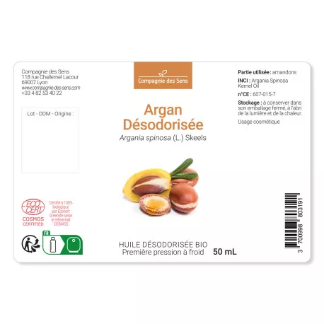 Argan désodorisée du Maroc - Huile Végétale Vierge BIO - Flacon en verre