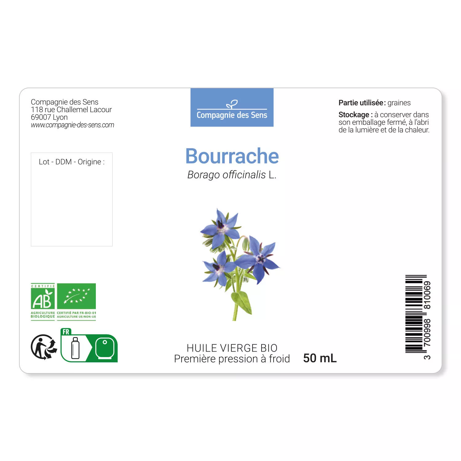 Bourrache - Huile Végétale Vierge BIO - Flacon en verre