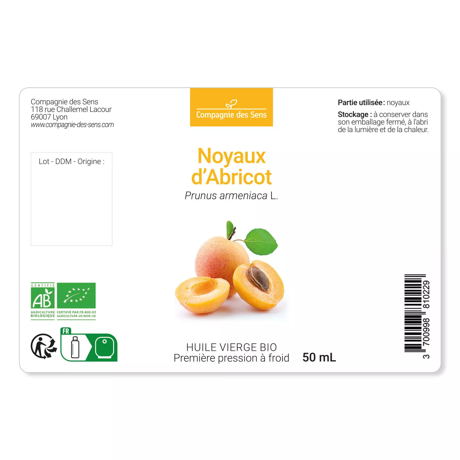 Noyaux d'Abricot - Huile Végétale Vierge BIO - Flacon en verre