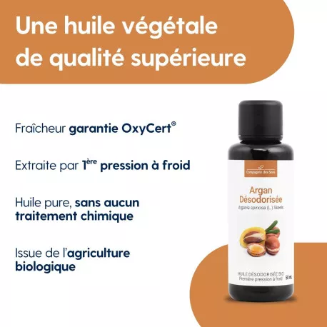 Argan désodorisée du Maroc - Huile Végétale Vierge BIO - Flacon en verre