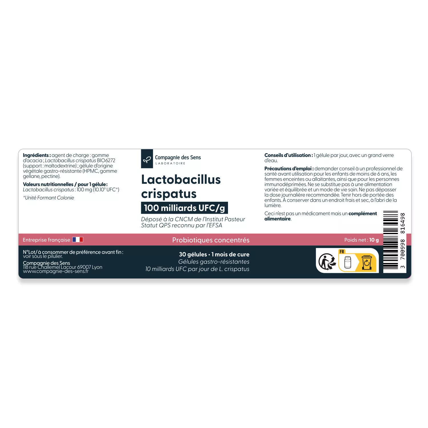 Lactobacillus crispatus - 10 milliards d'UFC par gélule