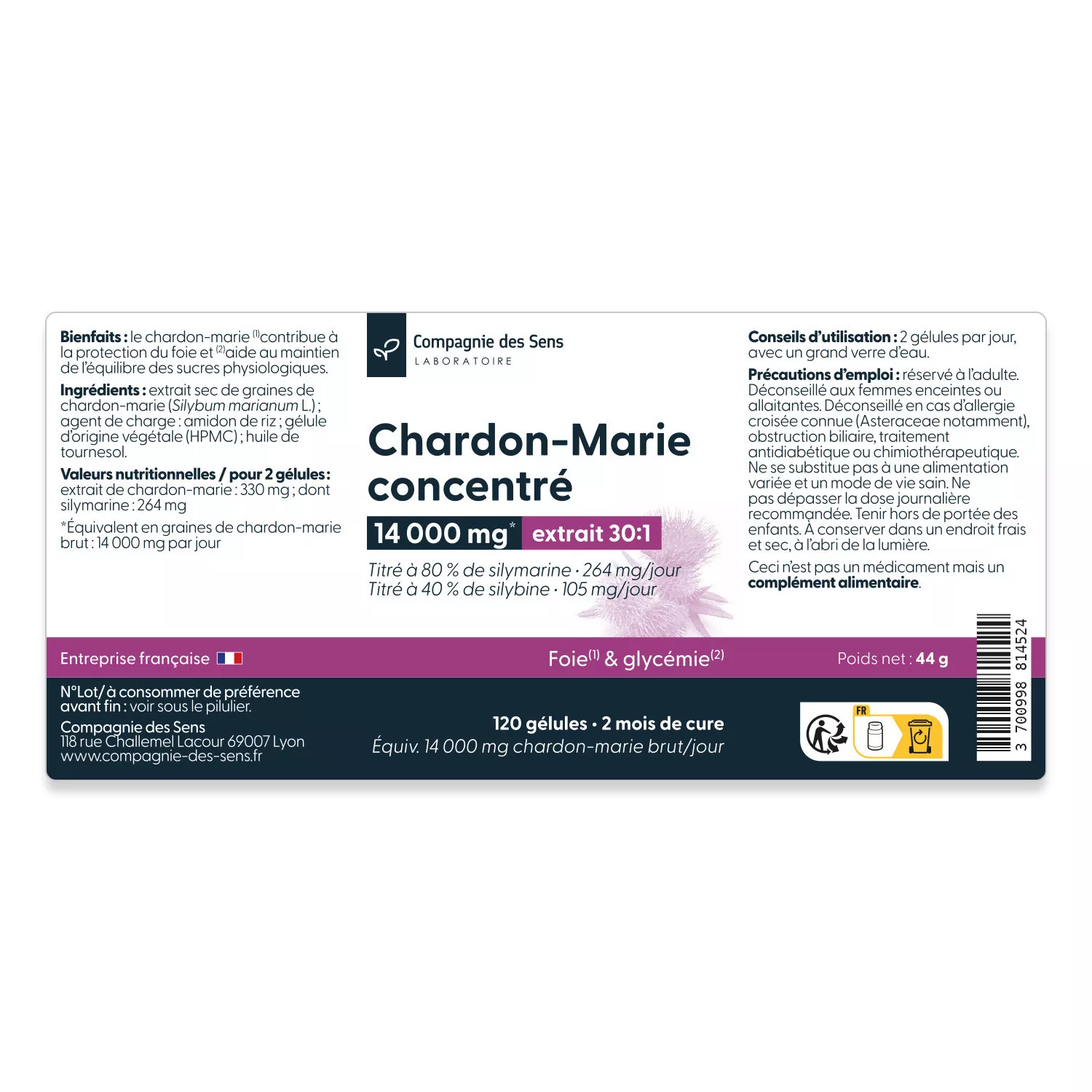 Chardon Marie titré à 80 % de silymarine - 30 gélules végétales